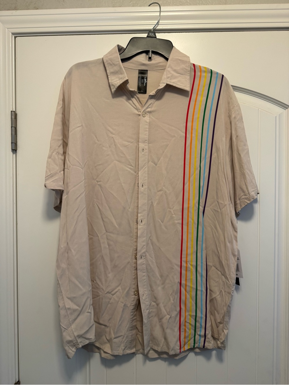 The Phluid Project Beige Short-Sleeve Button-Up with Rainbow Stripe